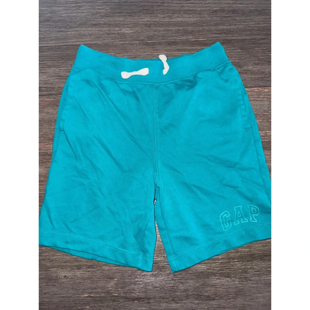 Gap Kids Boys Teal Blue Logo Jersey Shorts Size L 10 Drawstring Pockets